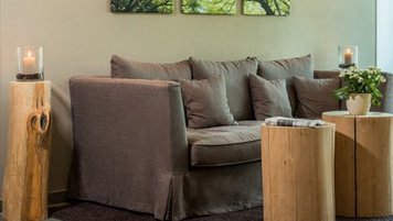 Bequeme graue Couch mit darumstehenden Holzstämmen